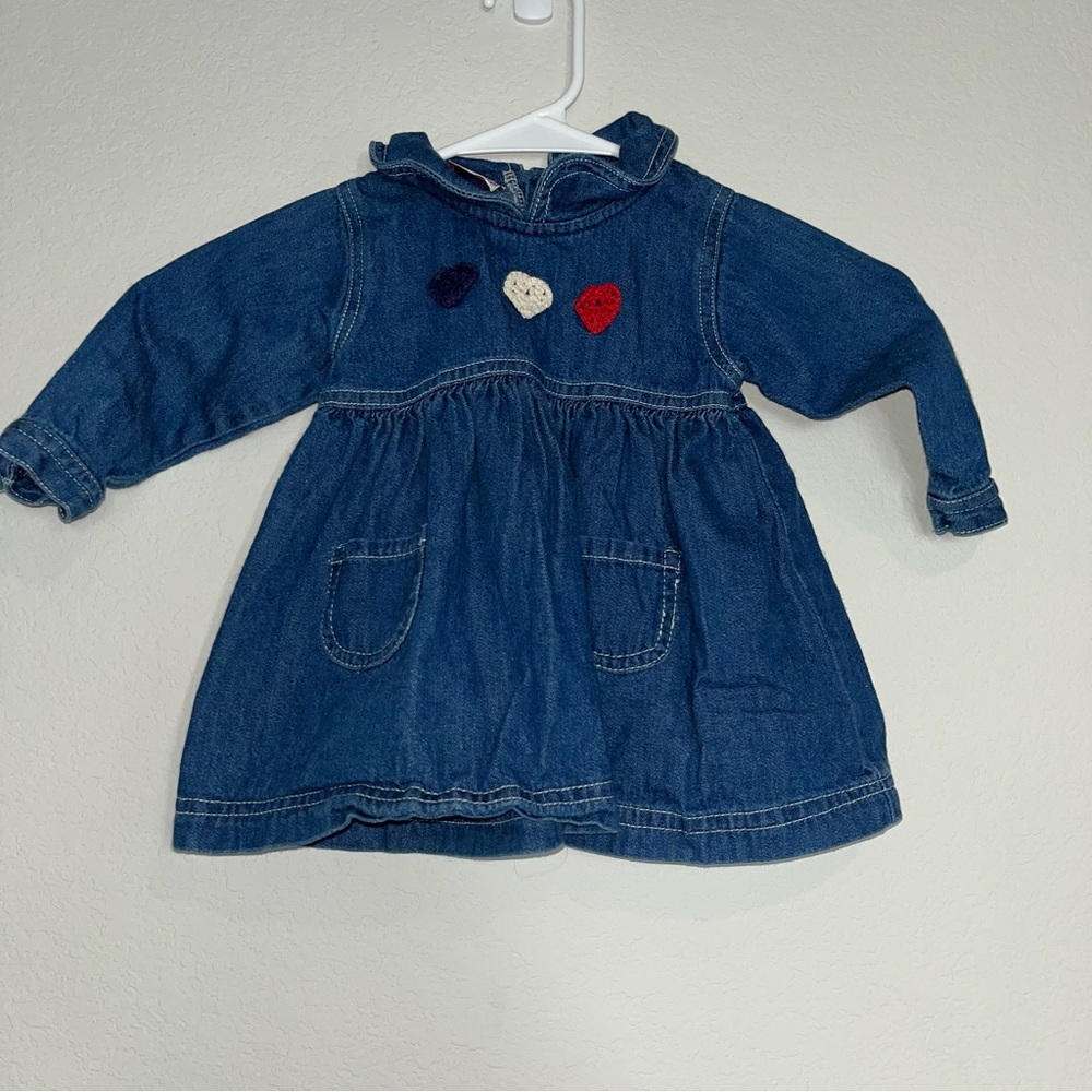 Vintage Mayfair Baby Girls Size 12 mo. Denim Dress Crochet Hearts Preppy Cowgirl